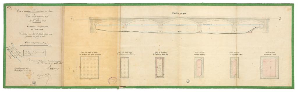 Élévation du pont en pierre et plans des fondations des piles et culées. Henri Crouzet, ingénieur des ponts et chaussées, 1850.