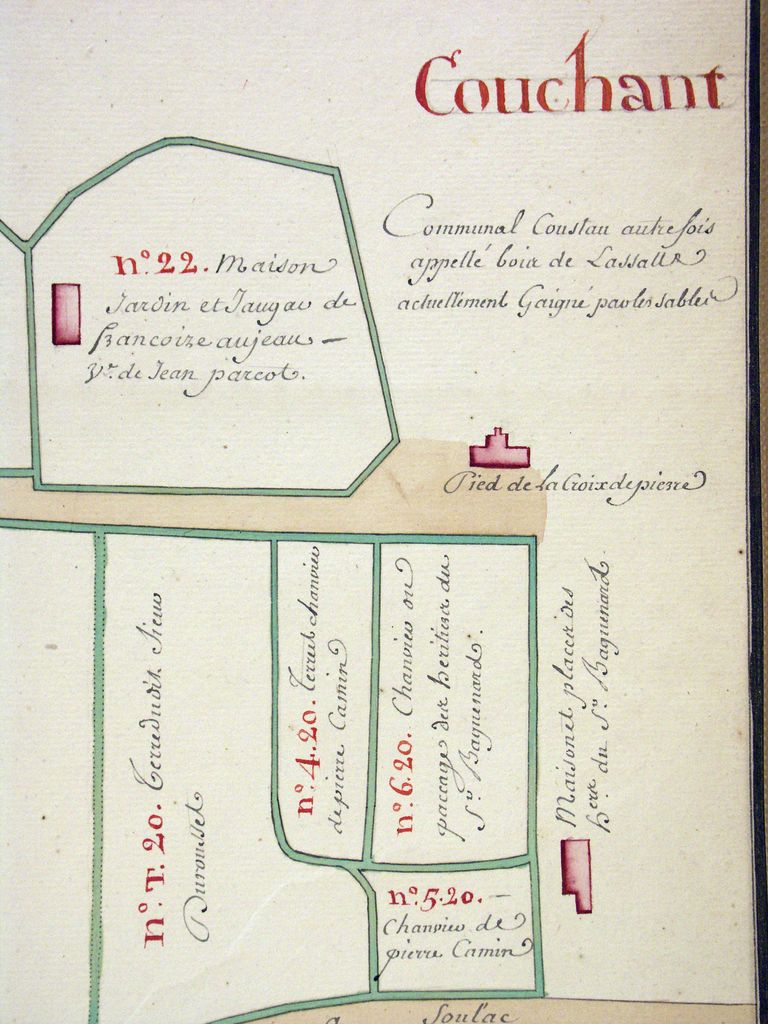 Plan parcellaire des terres et domaines dépendants de la seigneurie de Lesparre, paroisse de Soulac, 18e siècle : lieu du Pied de la Croix.