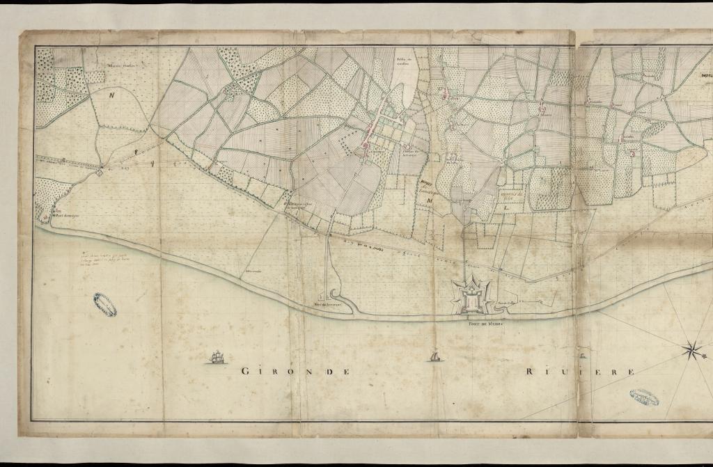 Carte d'une partie du Médoc, dressée par Reveillaud, architecte à Blaye, 18e siècle : partie gauche.