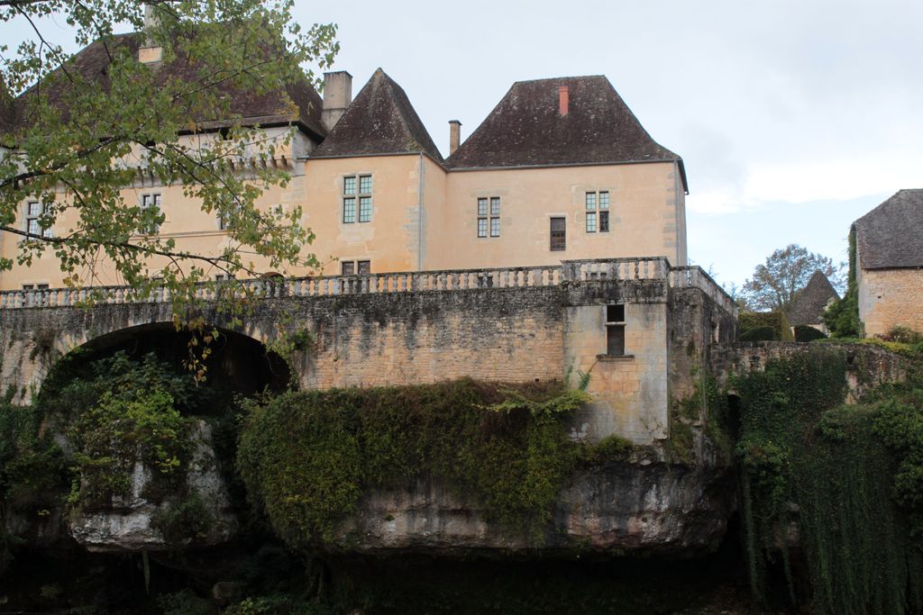 Vue du château et de sa terrasse à l'est depuis la rive gauche de la Vézère : de gauche à droite, le bâtiment principal, le 