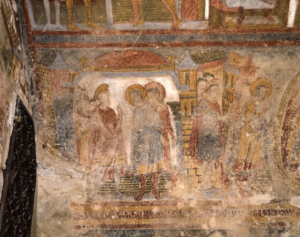 Crypte, registre inférieur nord, première scène : Savin et Cyprien montrent à Ladicus l'idole tombée à terre.