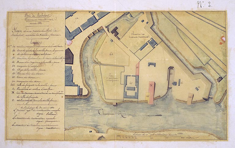 Plan d'une partie du port de Rochefort appelé la vieille forme, le 30 août 1821, signé par l'inspecteur des constructions navales, Rolland, le directeur des constructions navales, Garrique, et le directeur des travaux maritimes, Mathieu. Lavis sur papier,