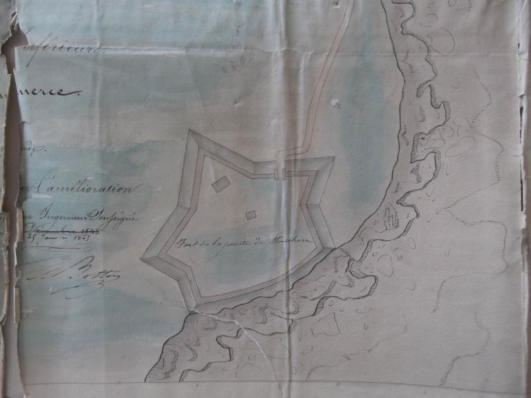 Plan du fort en marge d'un projet d'amélioration du port en 1845.