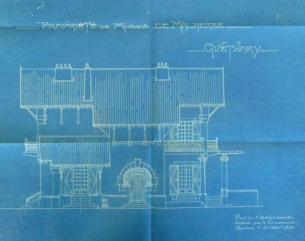 Plan de la façade latéral nord, Louis Gomez, 16 avril 1914. Bleu.