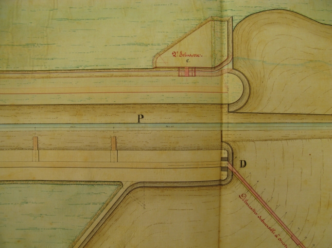 Plan de 1859 par l'ingénieur Botton : projet d'éclusette et de fossé de dérivation sur la rive gauche.