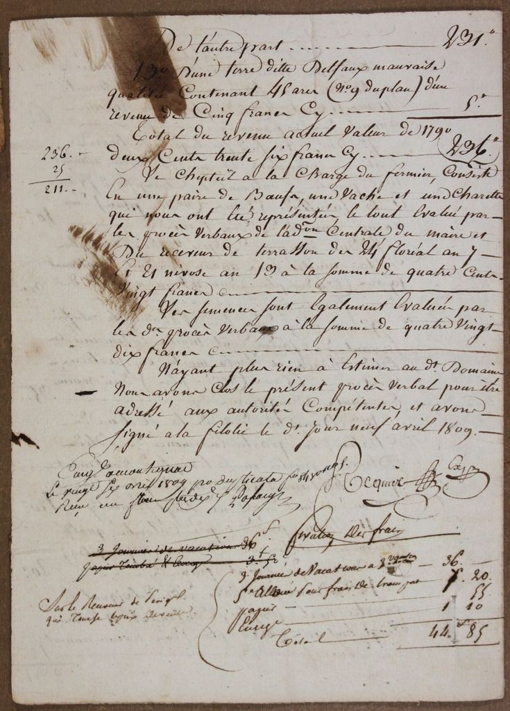 Procès-verbal de visite du château, 9 avril 1809, fol. 2v° (AD Dordogne, Q 835).