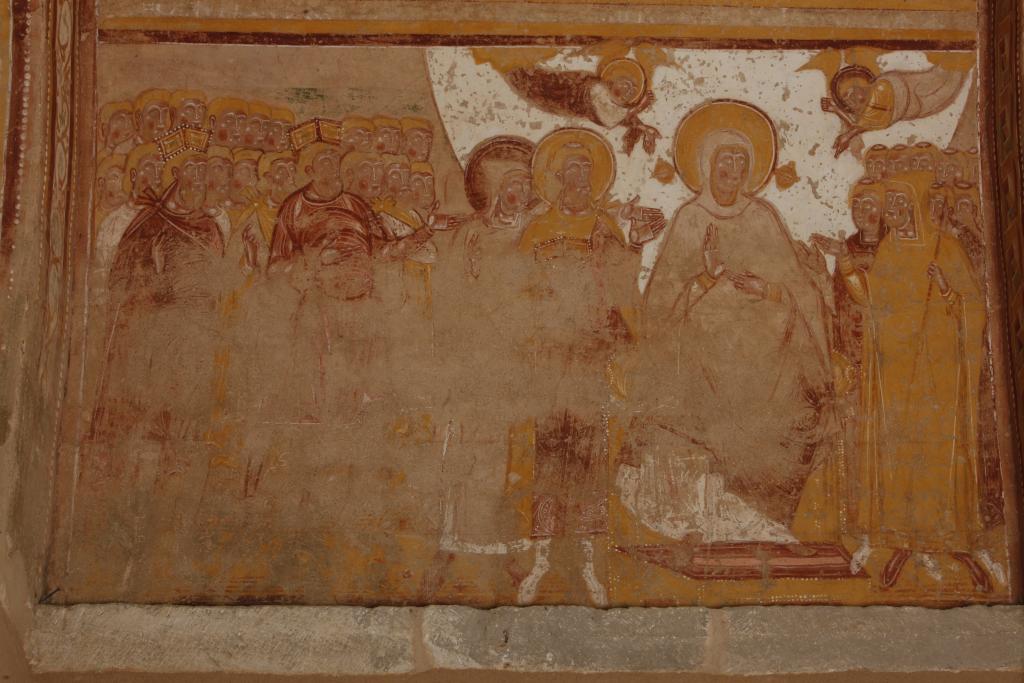Église, porche, travée orientale, registre inférieur nord de la voûte : Vierge et les protecteurs laïques et religieux de l'abbaye (plan n° 9).