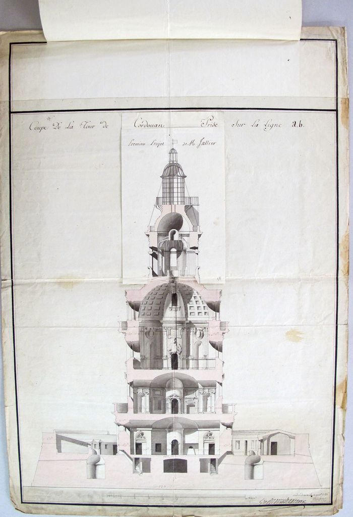 Coupe de la surélévation projetée pour le fanal de la Tour de Cordouan, par Teulère, 14 août 1786 : retombe avec premier projet de M. Jallier.