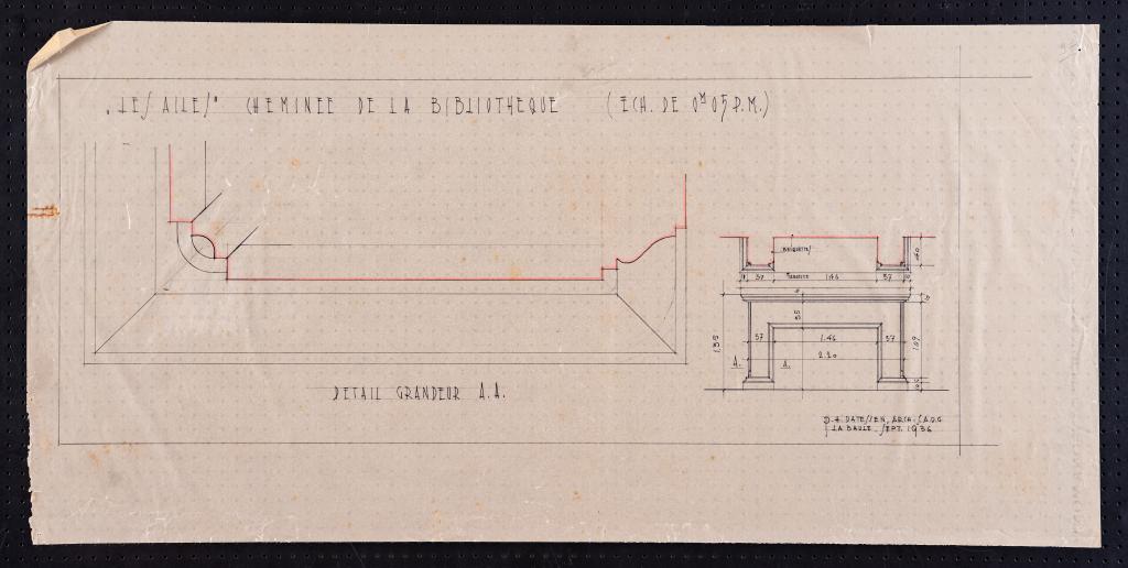 Bibliothèque, rez-de-chaussée, détail de la cheminée, P. H. Datessen, La Baule, septembre 1936.