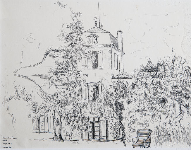 Façade sur cour, par Pierre Wiazemsky, dessin à la plume, septembre 1964 (salon). 
