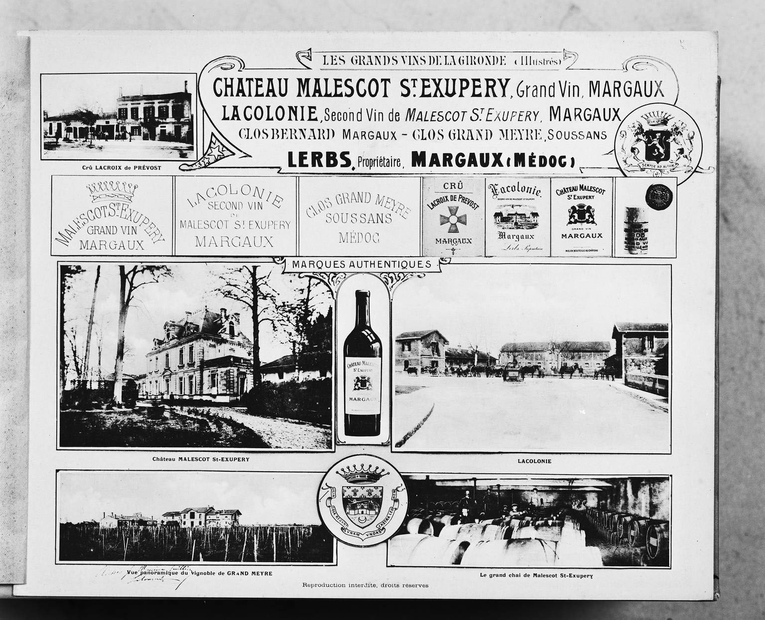 Planche de photographies : crû Lacroix de Prévost, château Malescot St-Exupéry, Lacolonie, vue panoramique du vignoble du Grand Meyre, le grand chai de Malescot St-Exupéry.