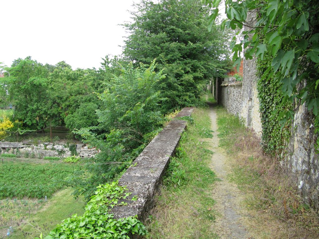 Chemin public à l'arrière des maisons côté impair de la rue de l'Hôpital : passage entre murs de clôture et jardins en contrebas.