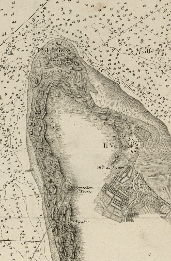 Plan de l'embouchure de la Gironde, levé en 1812 et 1815 : indication de la balise de la Pointe de Grave avant la construction du phare de Grave.