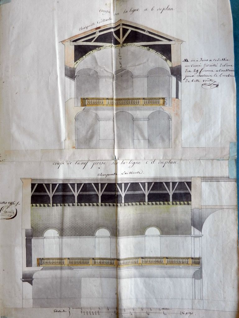 Plan de l'église ; coupes avec charpente existante, par Corcelle, Dessin à l'encre, 31 juillet 1816 : détail des coupes.