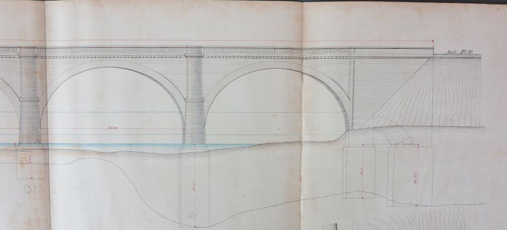 Elévation des deux arches du côté de la rive droite. Projet d'exécution des fondations, A. Cahen, ingénieur, 22 mars 1881.