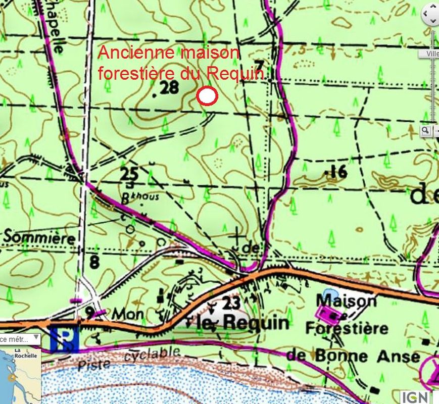 Essai de localisation de l'ancienne maison forestière du Requin (fond : carte IGN).