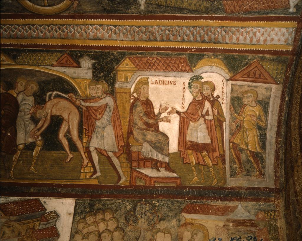 Crypte, registre supérieur nord, quatrième scène : Savin et Cyprien comparaissent à nouveau devant Ladicius.