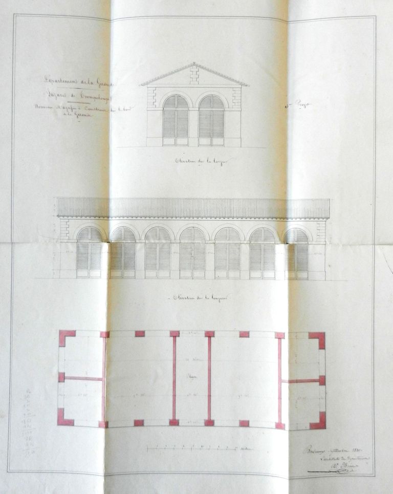 Nouveau magasin, élévation sur la largeur, élévation sur la longueur, plan, par A. Thiac, architecte départemental, dessin, encre, aquarelle, septembre 1831.