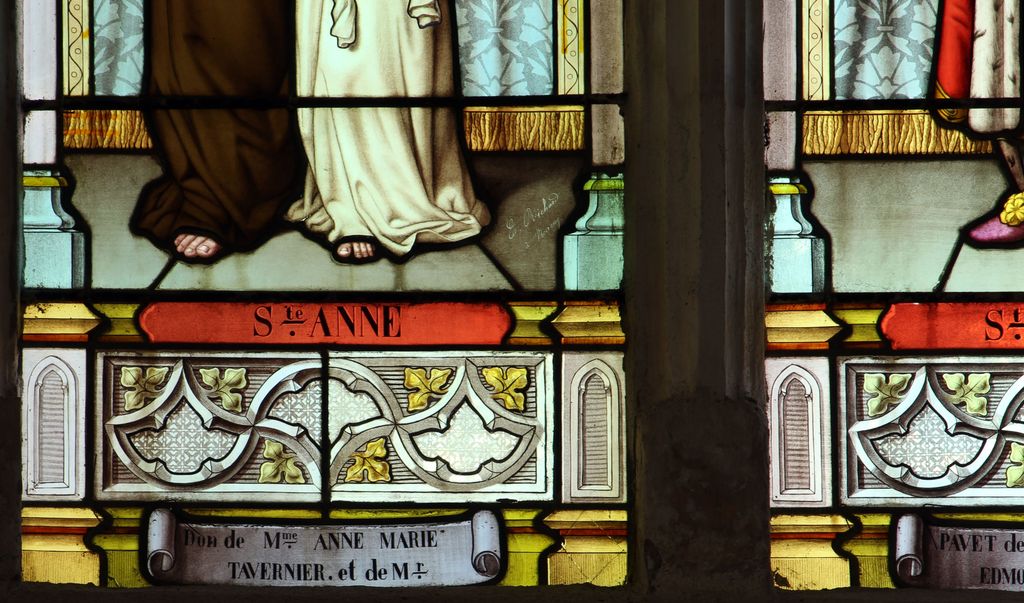 Baie 6 : Sainte Anne et la Vierge et saint Edmond (détail : nom de la donatrice).