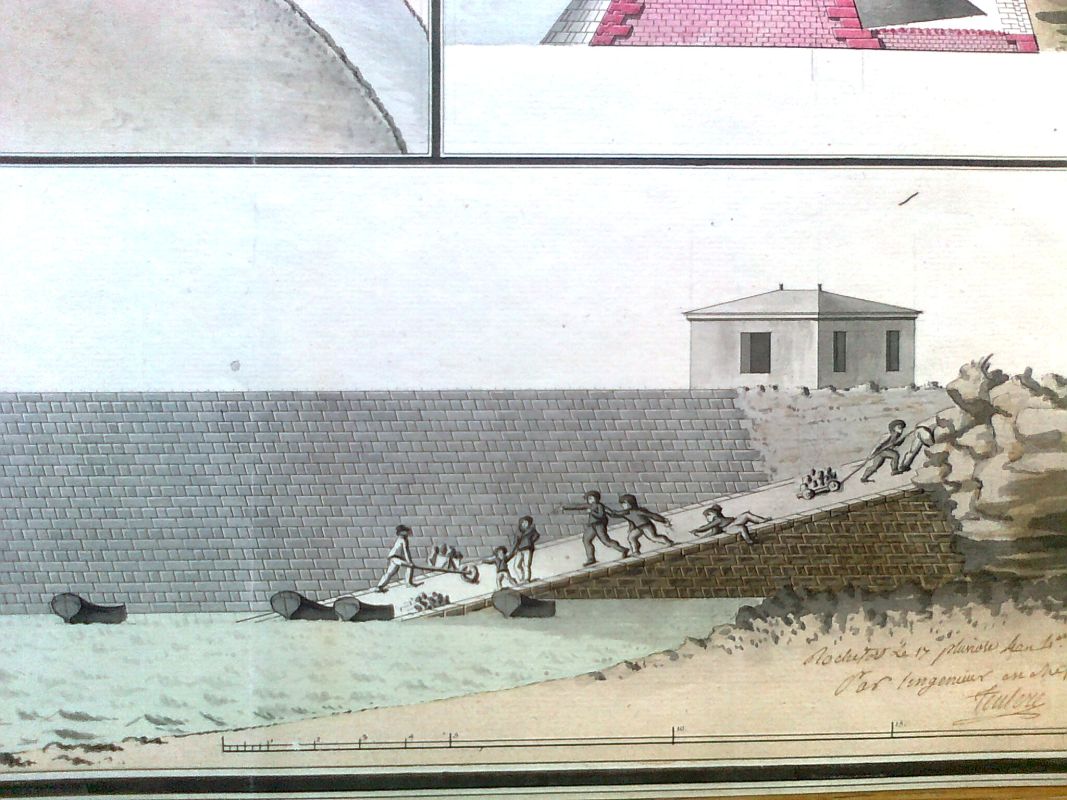 Détail du plan par Teulère en 1796 : élévation du môle et de sa rampe d'embarcation.