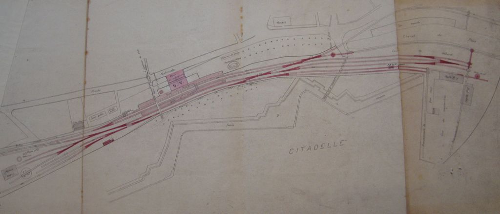 Plan général des aménagements projetés, par le chef de service de la voie et des bâtiments, 13 avril 1929. Dessin, encre et lavis.