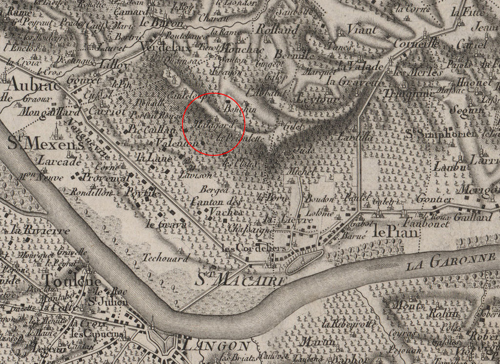 Pierre de Belleyme : carte la Guyenne, détail de la planche 34, 3e quart du XVIIIe siècle (AD Gironde).