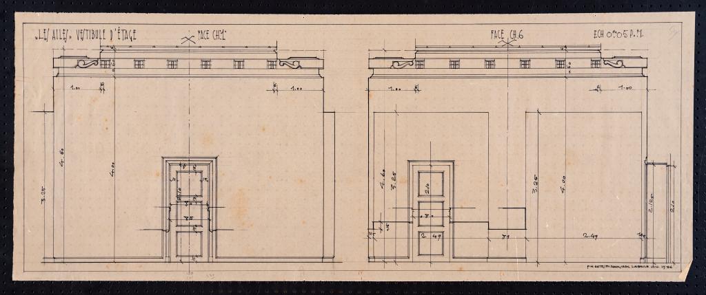Vestibule du premier étage, élévations des faces du côté des chambres 1 et 6, P. H. Datessen, La Baule, juillet 1936.