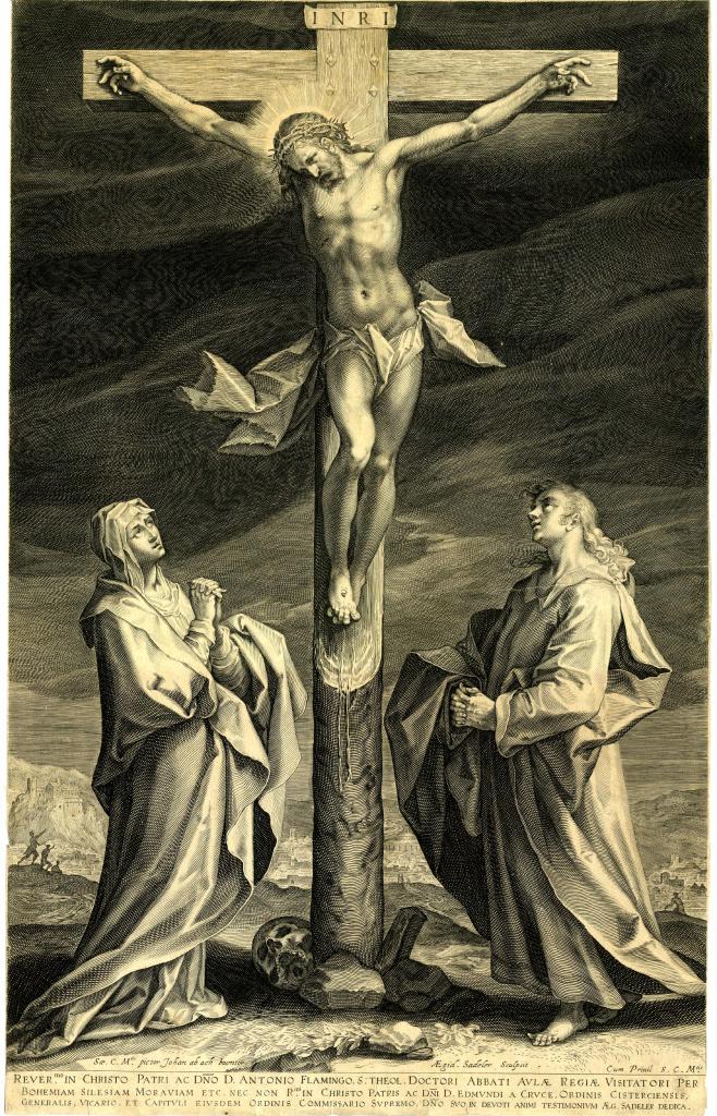Gravure de la Crucifixion du Christ avec la Vierge et saint-Jean Evangéliste (Von Aachen) par Aegidius Sadeler (1603-1604).