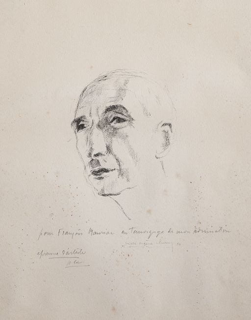 Salon : portrait de François Mauriac, par Pierre-Eugène Clairin (1897-1980), lithographie, XXe siècle. 