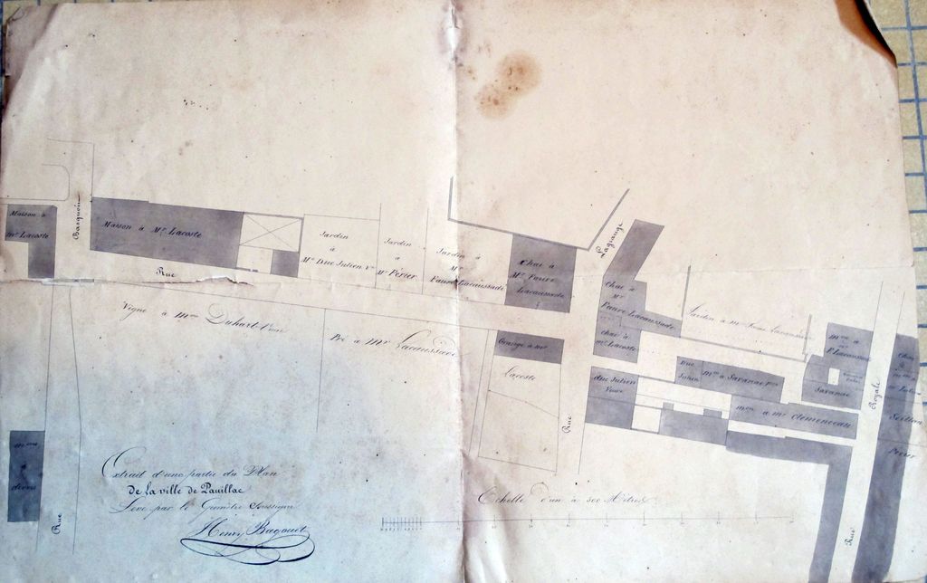 « Extrait d'une partie du plan de la ville de Pauillac ». Papier, encre, lavis, par Henry Bagouet (géomètre), s.d.