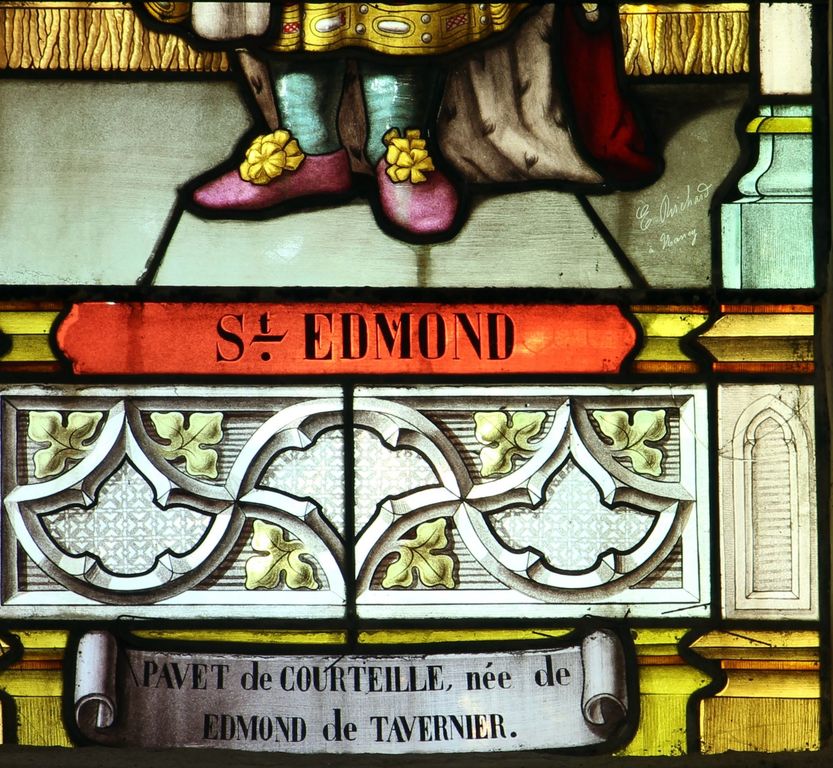 Baie 6 : Sainte Anne et la Vierge et saint Edmond (détail : nom de la donatrice).