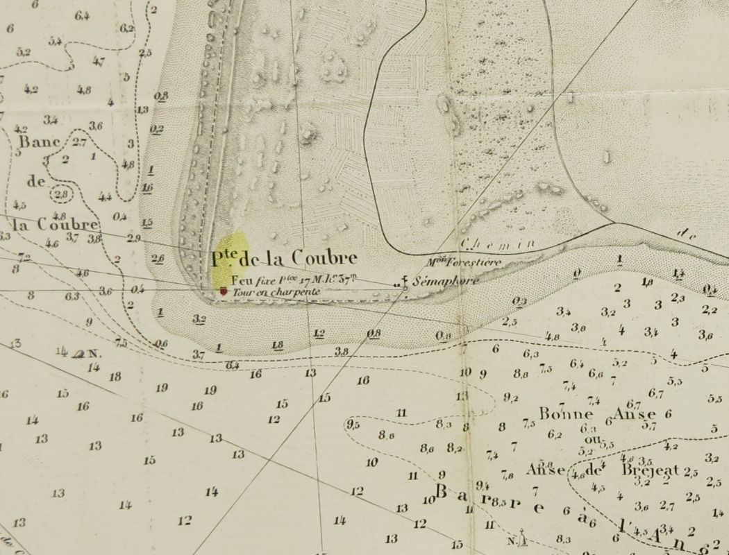 La tour en charpente mentionnée sur une carte en 1874. La ligne en diagonale marque la limite entre les Mathes et la Tremblade.