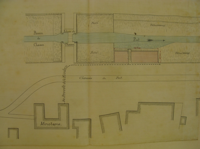 Plan de Port-Maubert par l'ingénieur Caboche en 1895 : bassin, écluse de chasse, quai, minoterie.