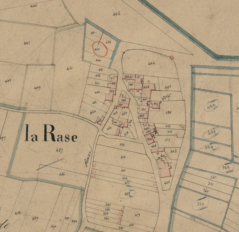 Extrait du plan cadastral de 1831, section B : hameau de la Rase.