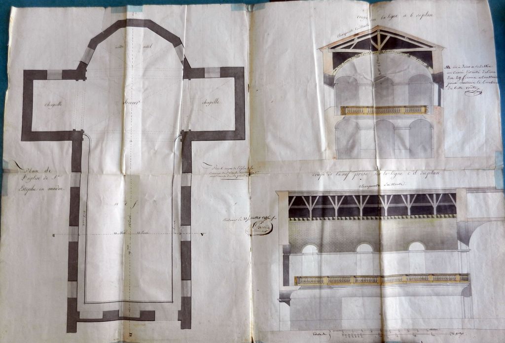 Plan de l'église ; coupes avec charpente existante, par Corcelle, Dessin à l'encre, 31 juillet 1816.