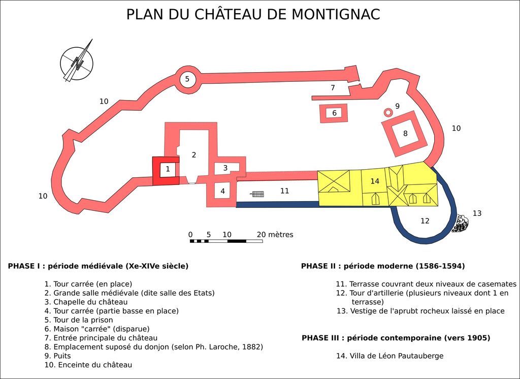 Plan de phasage des vestiges du château de Montignac, sur fond de plan par Philippe Laroche, 1882 (X. Pagazani, 2018).