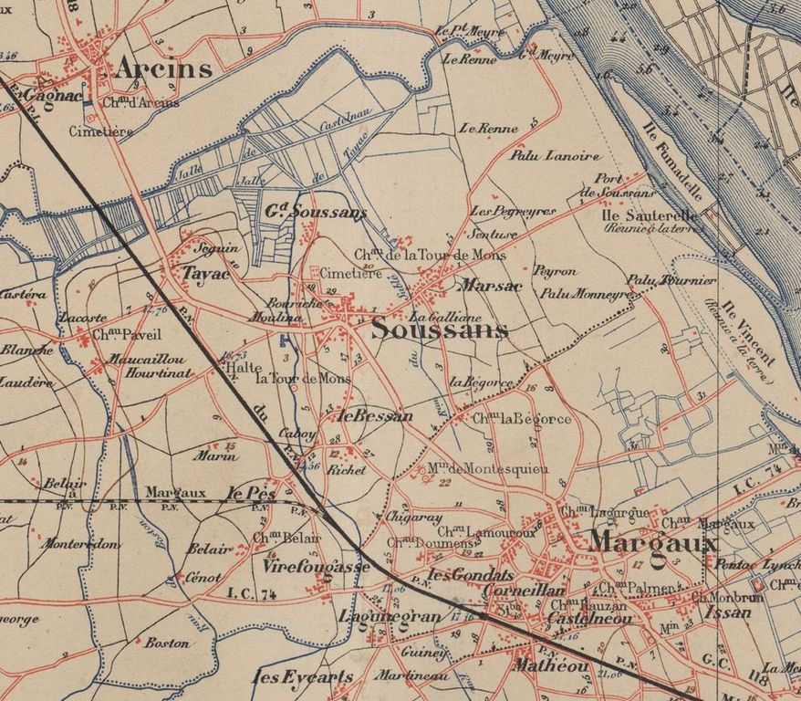 Extrait de l'Atlas du département de la Gironde (1876-1888), indiquant le Pont de Meyre.