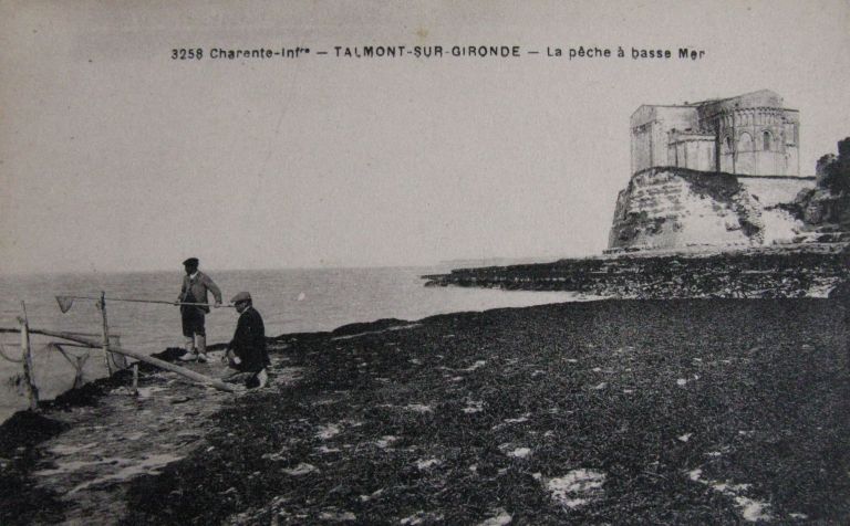 Pêcheurs utilisant une grande trule, près de l'église à marée basse, carte postale vers 1920.