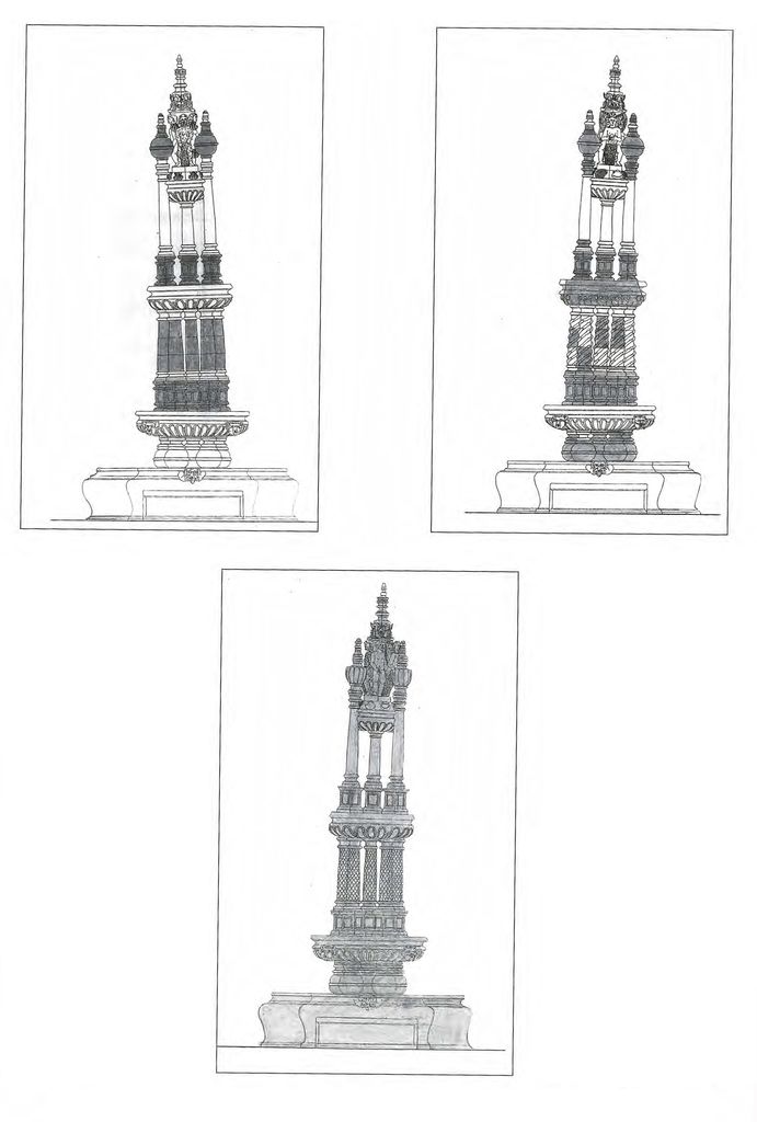 Esquisses de restitution des trois fontaines hypothétiques du château (d'après les esquisses de J.E. de Ferrières de Sauveboeuf, 2012 ; modification : X. Pagazani).
