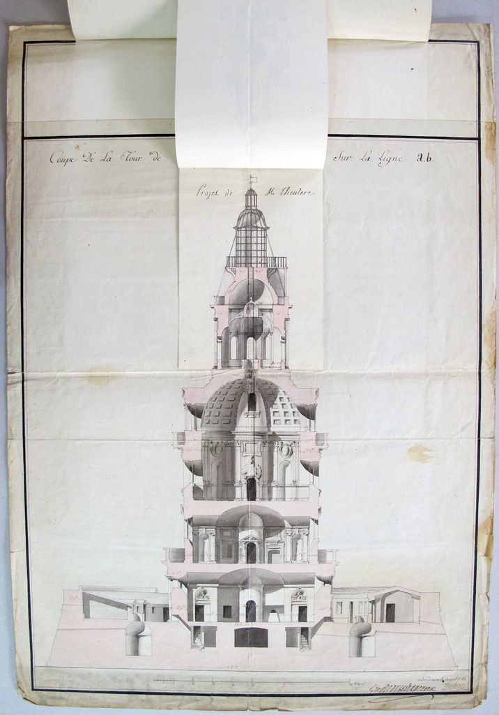 Coupe de la surélévation projetée pour le fanal de la Tour de Cordouan, par Teulère, 14 août 1786 : retombe avec projet ed M. Teulère.