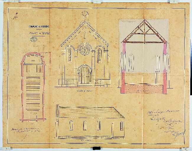 Projet de construction d'un temple protestant pour Verrines-sous-Celles (non réalisé), du 11 février 1865, par F.V. Vallet, architecte à Niort.