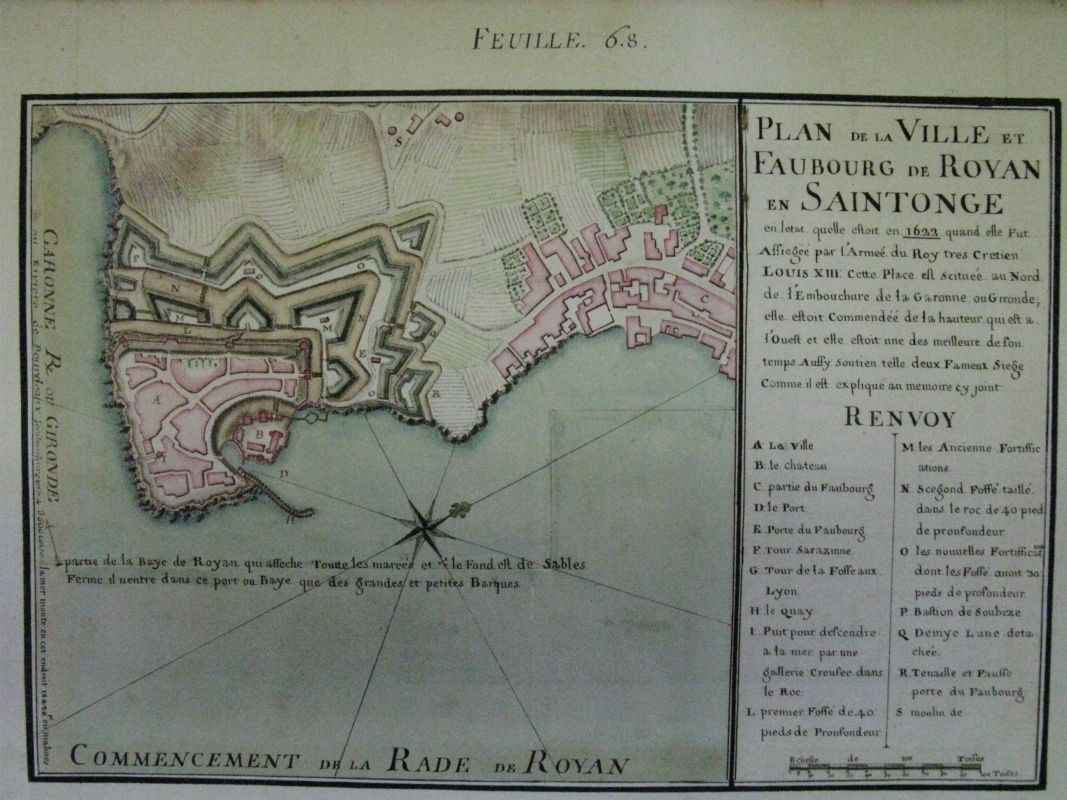 Plan de la ville et faubourg de Royan en Saintonge en l'etat qu'elle estoit en 1622, par Claude Masse, vers 1700 : à gauche (repères D et H) le port et sa jetée, au pied du château (repère B).