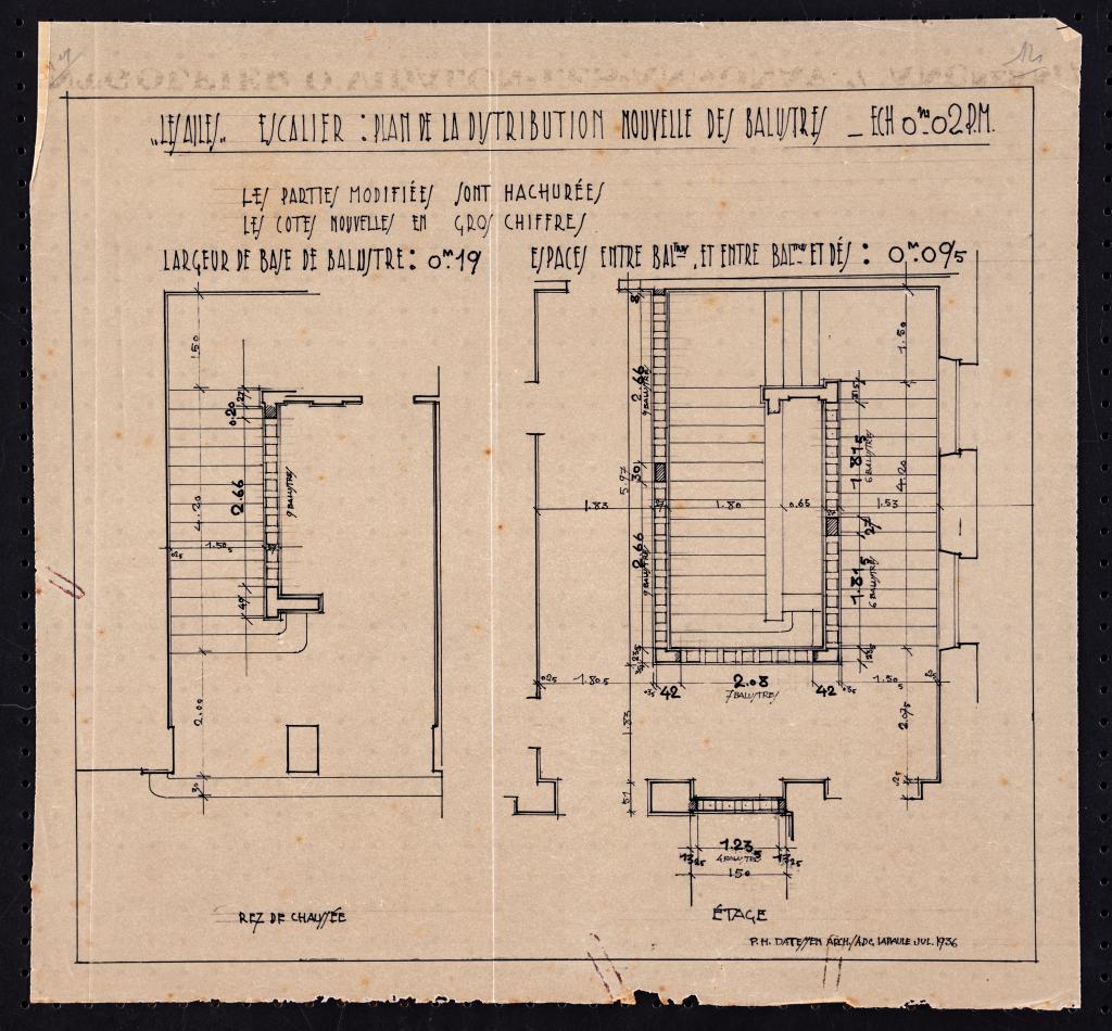 Escalier : plan de la distribution nouvelle des balustres, P. H. Datessen, La Baule, juillet 1936.