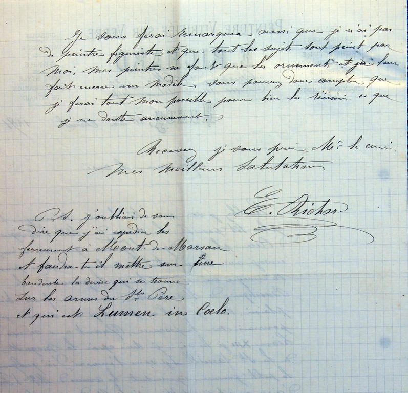 Lettre du verrier nancéien Émile Richard au curé Éloi Foy, demandant une gravure des armoiries de Mgr Delannoy, évêque d'Aire, et celle de la basilique de Montmartre, 26 avril 1891, fin (AP Coudures).