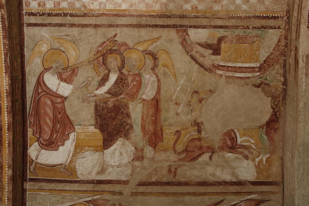 Voûte de la travée orientale du porche de l'église ; registre supérieur sud : Les quatre anges enchaînés sur l'Euphrate et leur armée (plan n° 5).