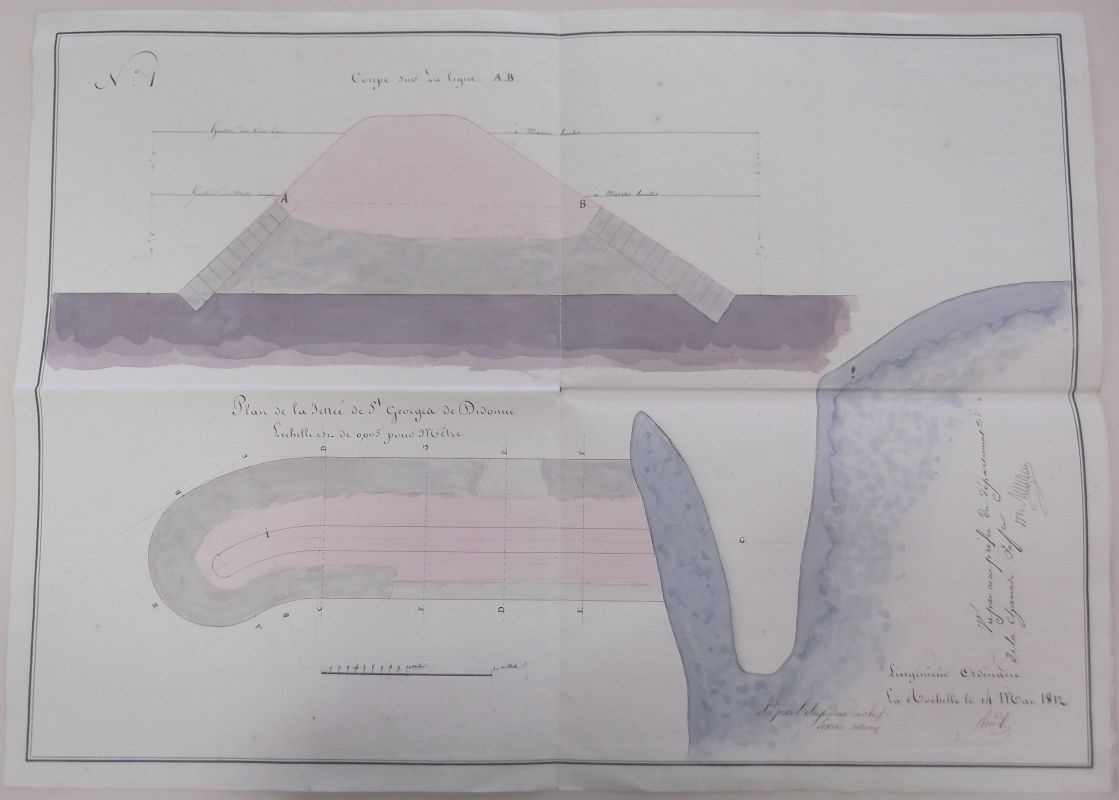 Plan de la jetée par l'ingénieur Bredif en 1812 : en rose, la partie restant à construire.