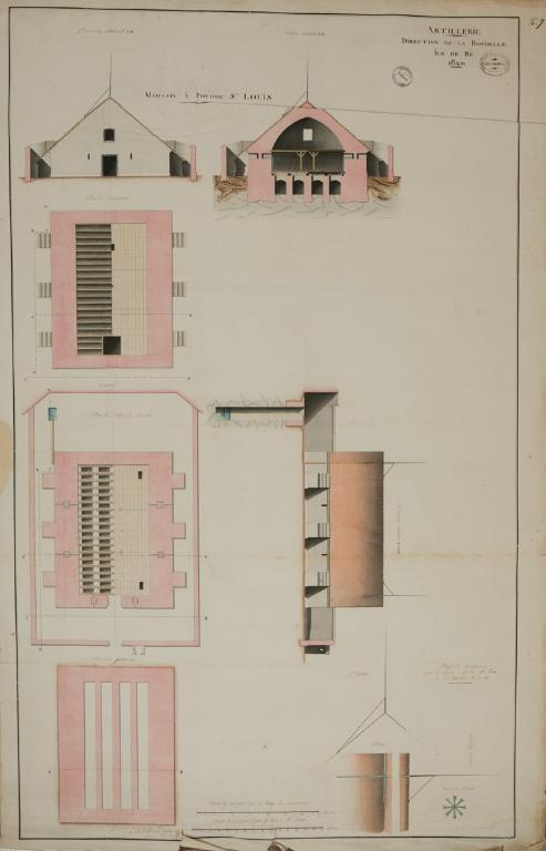 Poudrière Saint-Louis, plan, élévation et coupe, 1820.