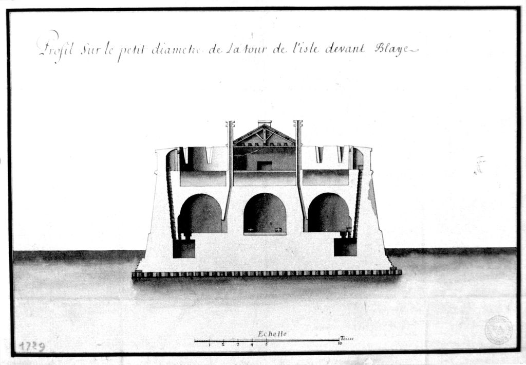 Profil sur le petit côté de la tour de l'île devant Blaye. Dessin, encre et lavis, 1729.