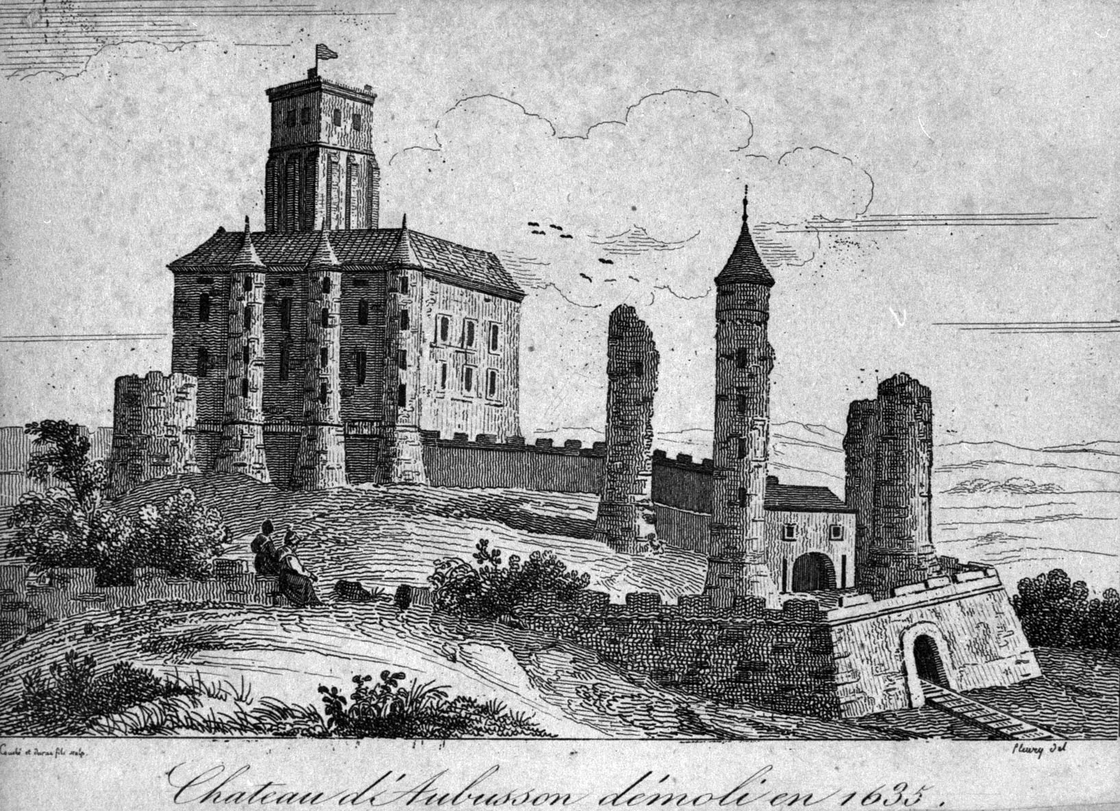 Gravure représentant l'ancien château démoli en 1635 et illustrant La France pittoresque d'Abel Hugo, édité en 1835 chez Deroye, à Paris (AD 23). 