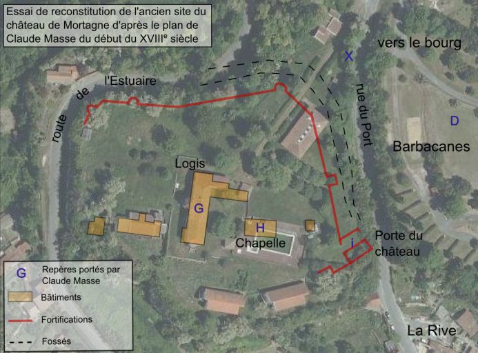 Essai de reconstitution de l'ancien site du château de Mortagne d'après le plan de Claude Masse du début du 18e siècle.